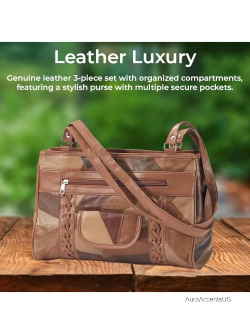 3-Piece Genuine Leather Satchel Handbag Wallet Coin Purse Set